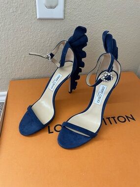 Jimmy Choo KARALIE  Suede Ruffle-Heel Ankle Strap Sandals